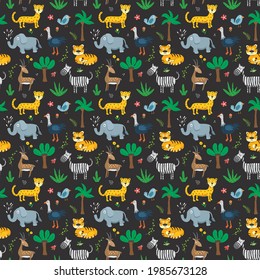 Patrón de animales sin foco. Caricatura Animales y plantas garabatos. Ilustración del vector de dibujos animados.