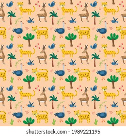 Cute Animals Seamless pattern. Cartoon Animals and Tropical plants doodles. Cartoon Vector illustration.