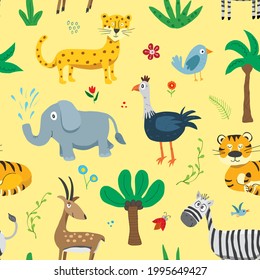 Cute Animals Seamless pattern. Cartoon Animals and plants doodles. Cartoon Vector illustration.