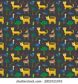 Cute Animals Seamless pattern. Cartoon Animals and Tropical plants doodles. Cartoon Vector illustration.