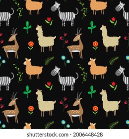 Cute Animals Seamless pattern. Cartoon Animals and plants doodles. Cartoon Vector illustration.