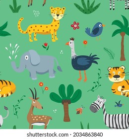 Patrón de animales sin foco. Caricatura Animales y plantas garabatos. Ilustración del vector de dibujos animados.