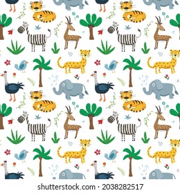 Cute Animals Seamless pattern. Cartoon Animals and plants doodles. Cartoon Vector illustration.