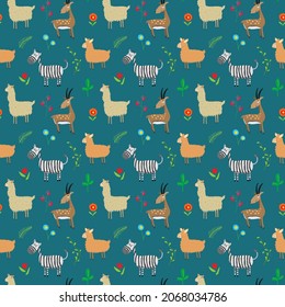 Cute Animals Seamless pattern. Cartoon Animals and plants doodles. Cartoon Vector illustration.