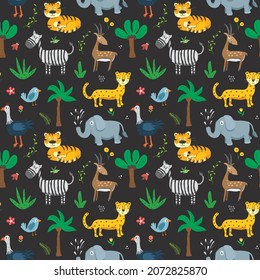 Cute Animals Seamless pattern. Cartoon Animals and plants doodles. Cartoon Vector illustration.