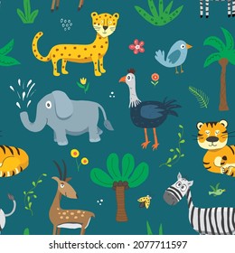 Cute Animals Seamless pattern. Cartoon Animals and plants doodles. Cartoon Vector illustration.