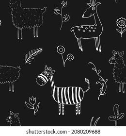 Patrón de animales sin foco. Caricatura Animales y plantas garabatos. Ilustración del vector de dibujos animados.