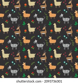 Cute Animals Seamless pattern. Cartoon Animals and plants doodles. Cartoon Vector illustration.