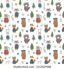 Cute animals Seamless pattern. Cartoon Animals in forest background. Vector illustration.