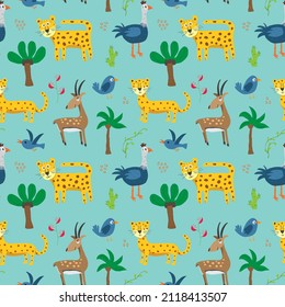 Cute Animals Seamless pattern. Cartoon Animals and Tropical plants doodles. Cartoon Vector illustration.