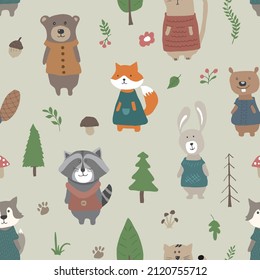 Cute animals Seamless pattern. Cartoon Animals in forest background. Vector illustration.