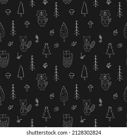 Cute animals Seamless pattern. Cartoon Animals in forest background. Vector illustration.