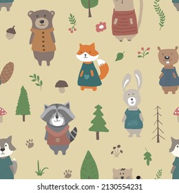 Cute animals Seamless pattern. Cartoon Animals in forest background. Vector illustration.