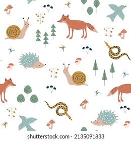 Cute animals seamless pattern. Cartoon fox, snail, hedgehog, snake and bird. Funny animals in the forest.Baby vector print. Scandinavian design.