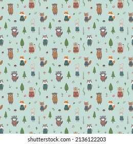 Cute animals Seamless pattern. Cartoon Animals in forest background. Vector illustration.