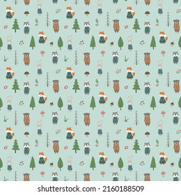 Cute animals Seamless pattern. Cartoon Animals in forest background. Vector illustration.