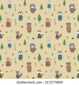 Cute animals Seamless pattern. Cartoon Animals in forest background. Vector illustration.