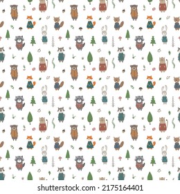 Cute animals Seamless pattern. Cartoon Animals in forest background. Vector illustration.