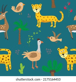 Cute Animals Seamless pattern. Cartoon Animals and Tropical plants doodles. Cartoon Vector illustration.