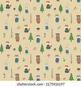 Cute animals Seamless pattern. Cartoon Animals in forest background. Vector illustration.