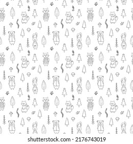 Cute animals Seamless pattern. Cartoon Animals in forest background. Vector illustration.