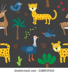 Patrón de animales sin foco. Caricatura Animales y plantas tropicales garabatos. Ilustración del vector de dibujos animados.