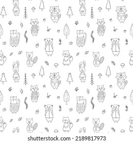 Cute animals Seamless pattern. Cartoon Animals in forest background. Vector illustration.