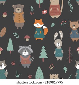 Cute animals Seamless pattern. Cartoon Animals in forest background. Vector illustration.