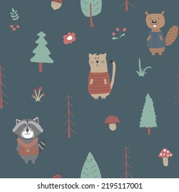 Cute animals Seamless pattern. Cartoon Animals in forest background. Vector illustration.