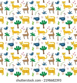 Cute Animals Seamless pattern. Cartoon Animals and Tropical plants doodles. Cartoon Vector illustration.