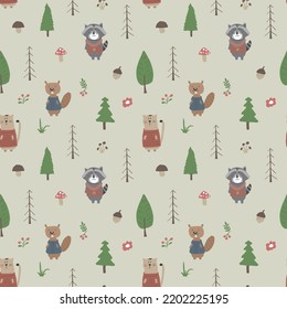 Cute animals Seamless pattern. Cartoon Animals in forest background. Vector illustration.