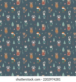 Cute animals Seamless pattern. Cartoon Animals in forest background. Vector illustration.