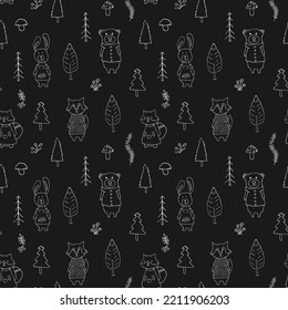 Cute animals Seamless pattern. Cartoon Animals in forest background. Vector illustration.