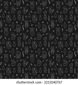 Cute animals Seamless pattern. Cartoon Animals in forest background. Vector illustration.
