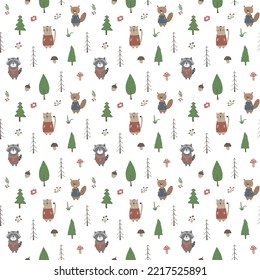 Cute animals Seamless pattern. Cartoon Animals in forest background. Vector illustration.