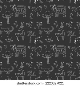 Cute Animals Seamless pattern. Cartoon Animals and Tropical plants doodles. Cartoon Vector illustration.