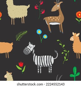 Cute Animals Seamless pattern. Cartoon Animals and plants doodles. Cartoon Vector illustration.