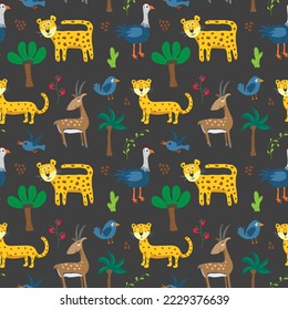 Patrón de animales sin foco. Caricatura Animales y plantas tropicales garabatos. Ilustración del vector de dibujos animados.