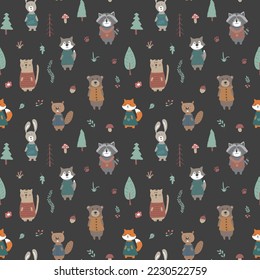 Cute animals Seamless pattern. Cartoon Animals in forest background. Vector illustration.