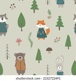 Cute animals Seamless pattern. Cartoon Animals in forest background. Vector illustration.
