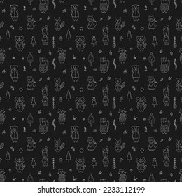 Cute animals Seamless pattern. Cartoon Animals in forest background. Vector illustration.