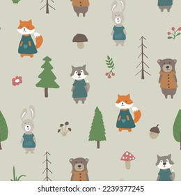 Cute animals Seamless pattern. Cartoon Animals in forest background. Vector illustration.