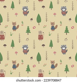 Cute animals Seamless pattern. Cartoon Animals in forest background. Vector illustration.