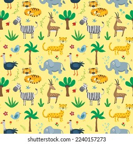 Patrón de animales sin foco. Caricatura Animales y plantas garabatos. Ilustración del vector de dibujos animados.