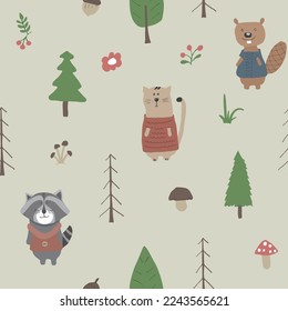 Cute animals Seamless pattern. Cartoon Animals in forest background. Vector illustration.