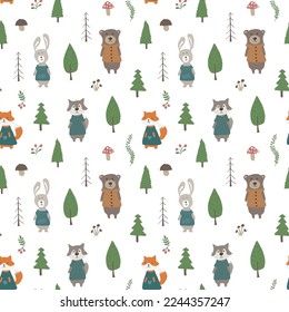 Cute animals Seamless pattern. Cartoon Animals in forest background. Vector illustration.