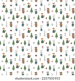 Cute animals Seamless pattern. Cartoon Animals in forest background. Vector illustration.