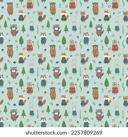 Cute animals Seamless pattern. Cartoon Animals in forest background. Vector illustration.