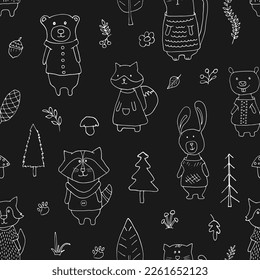 Cute animals Seamless pattern. Cartoon Animals in forest background. Vector illustration.