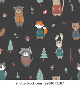 Cute animals Seamless pattern. Cartoon Animals in forest background. Vector illustration.